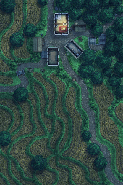 Terraced Rice Paddy Farm Battlemap - overhead view village terraced fields - Digital, Foundry VTT, Print
