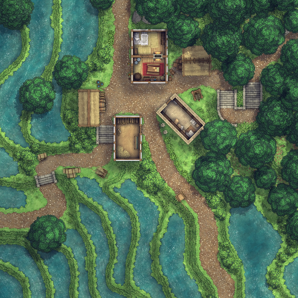 Terraced Rice Paddy Farm Battlemap - overhead view village map - Digital, Foundry VTT, Print