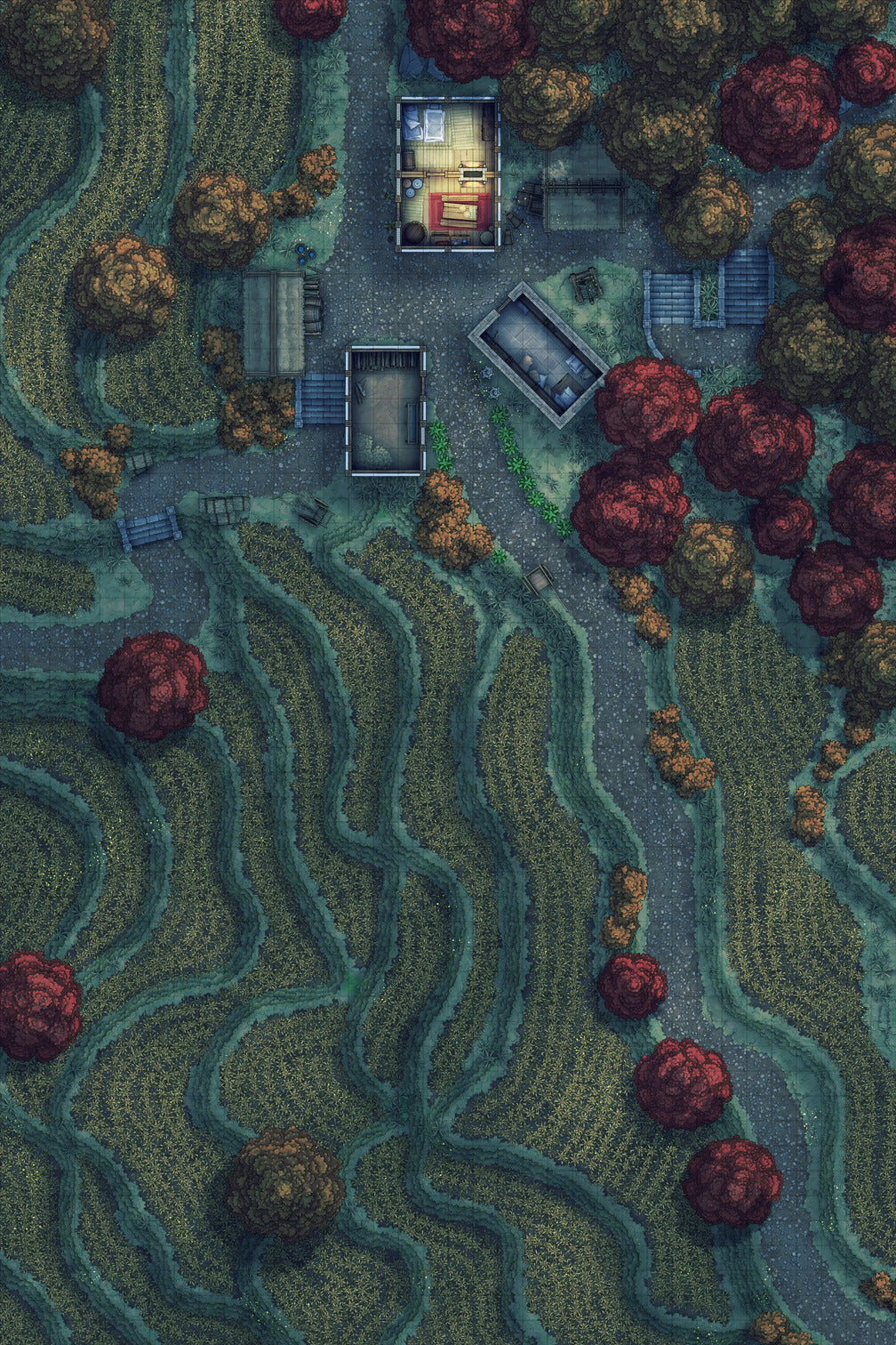 Terraced Rice Paddy Farm Battlemap - rural village map - Digital, Foundry VTT, Print