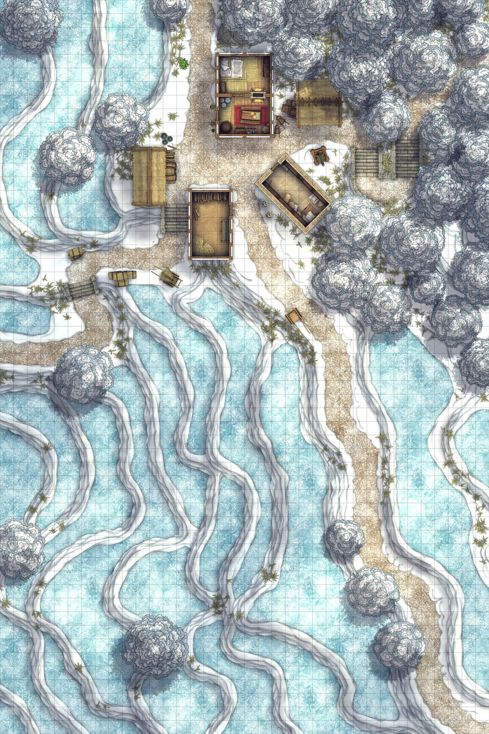 Terraced Rice Paddy Farm Battlemap - winter village map - Digital, Foundry VTT, Print