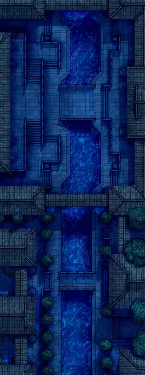The Forbidden City Battlemap - blue-lit urban waterway - Digital, Foundry VTT, Print