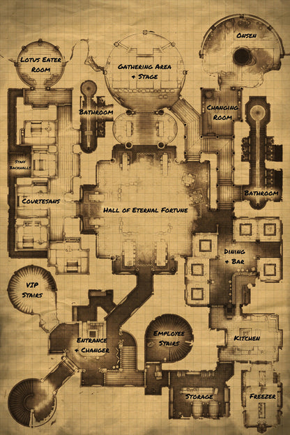 Underworld Oni Pleasure Palace (Part 1) Battlemap - detailed floor plan - Digital, Foundry VTT, Print