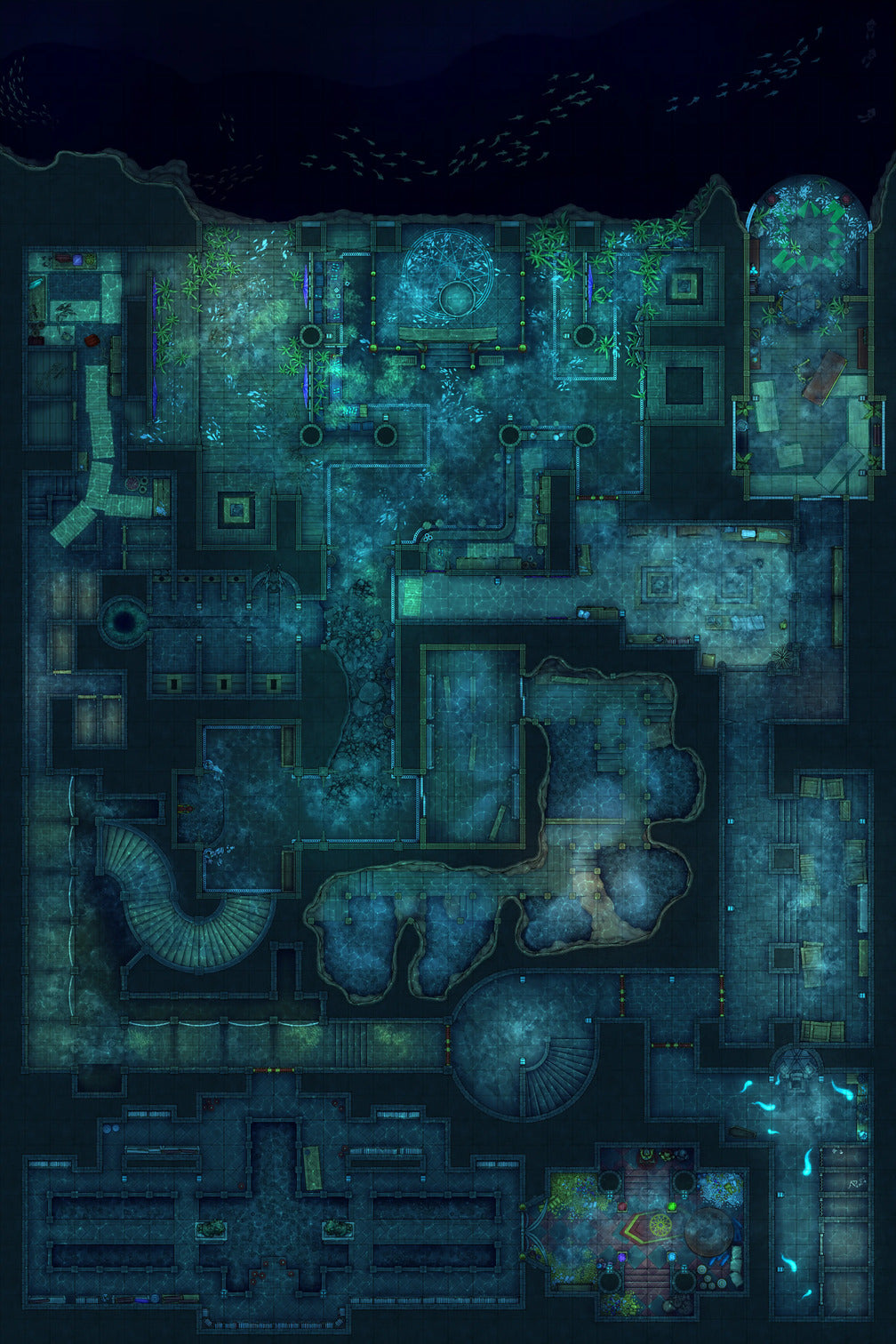 Underworld Oni Pleasure Palace (Part 2) Battlemap - underwater dungeon map - Digital, Foundry VTT, Print