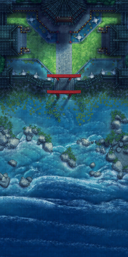 Youkai Night Market & Spirit Realm Entrance Battlemap - coastal japanese garden - Digital, Foundry VTT, Print
