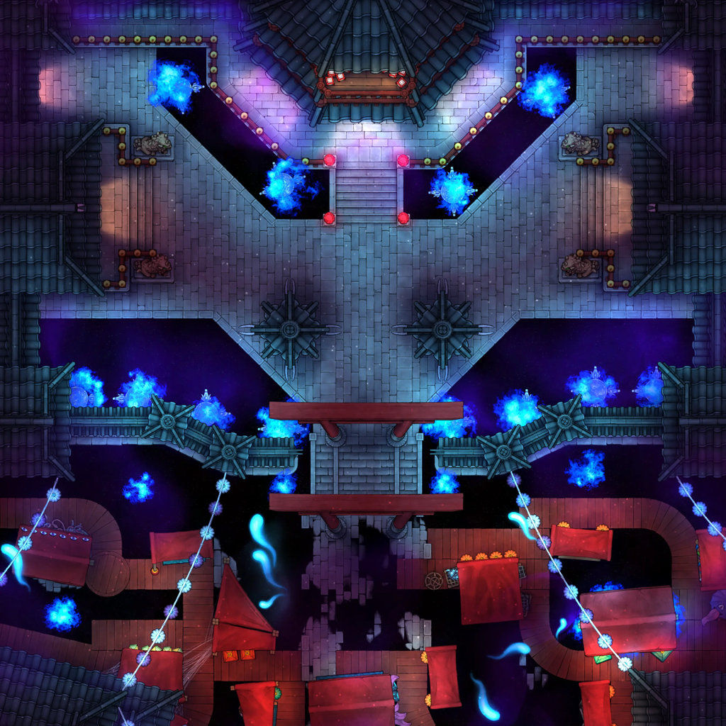 Youkai Night Market & Spirit Realm Entrance Battlemap - fantasy-themed multi-tiered blue-lit structure - Digital,