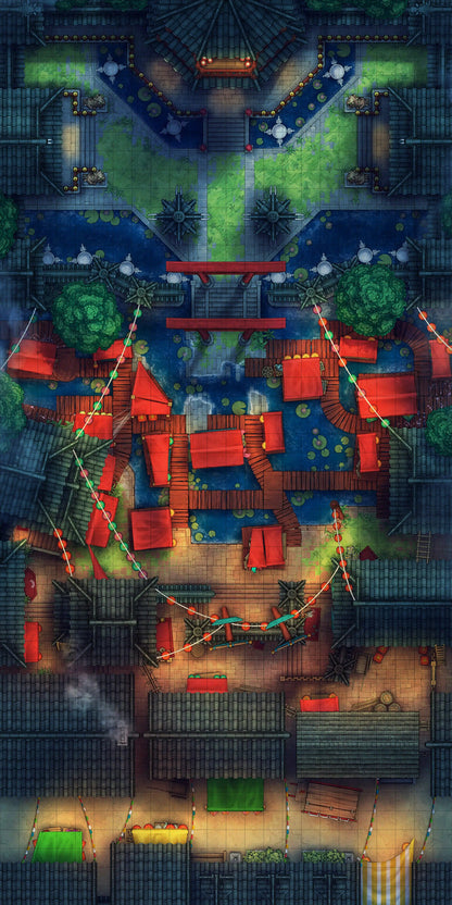 Youkai Night Market & Spirit Realm Entrance Battlemap - overhead view fantasy city - Digital, Foundry VTT, Print