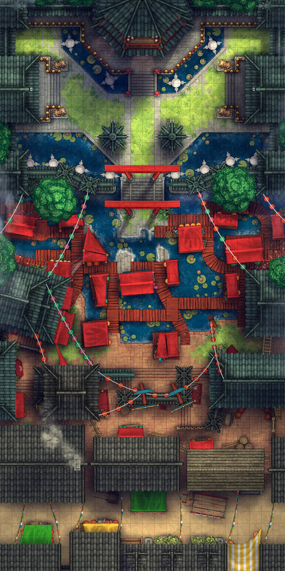 Youkai Night Market & Spirit Realm Entrance Battlemap - overhead view fantasy city - Digital, Foundry VTT, Print